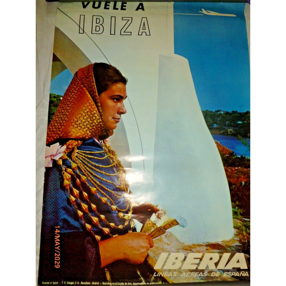 Vintage 1966‎ Iberia Airlines Ibiza Spain Travel Poster A Moreno Spanish 39x24